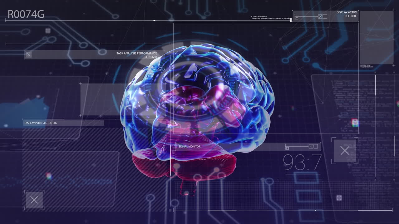 Animation of brain rotating over diverse data on navy screen