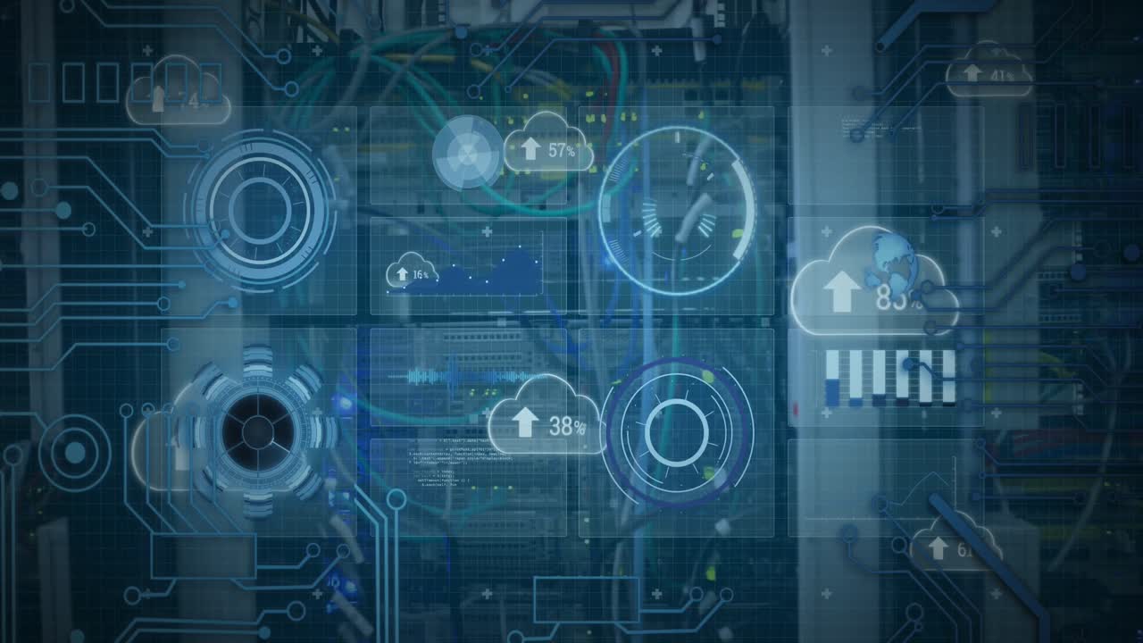 animación de nubes de escaneo de alcance y procesamiento de datos a través de cables en un servidor informático