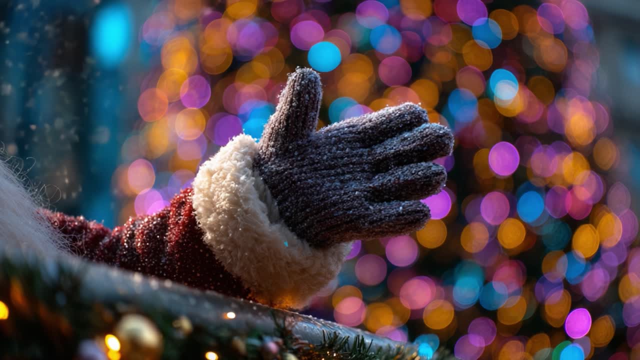 A Festive Gloved Hand Waves Amidst a Colorful Background of Twinkling Christmas Lights, Evoking the Spirited Cheer of the Holiday Season