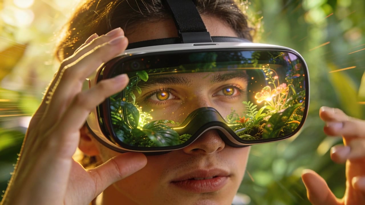 Jugendlicher entdeckt leuchtenden Miniaturgarten im Visor und stellt VR-Headset in einem blätterreichen Gewächshaus ein.