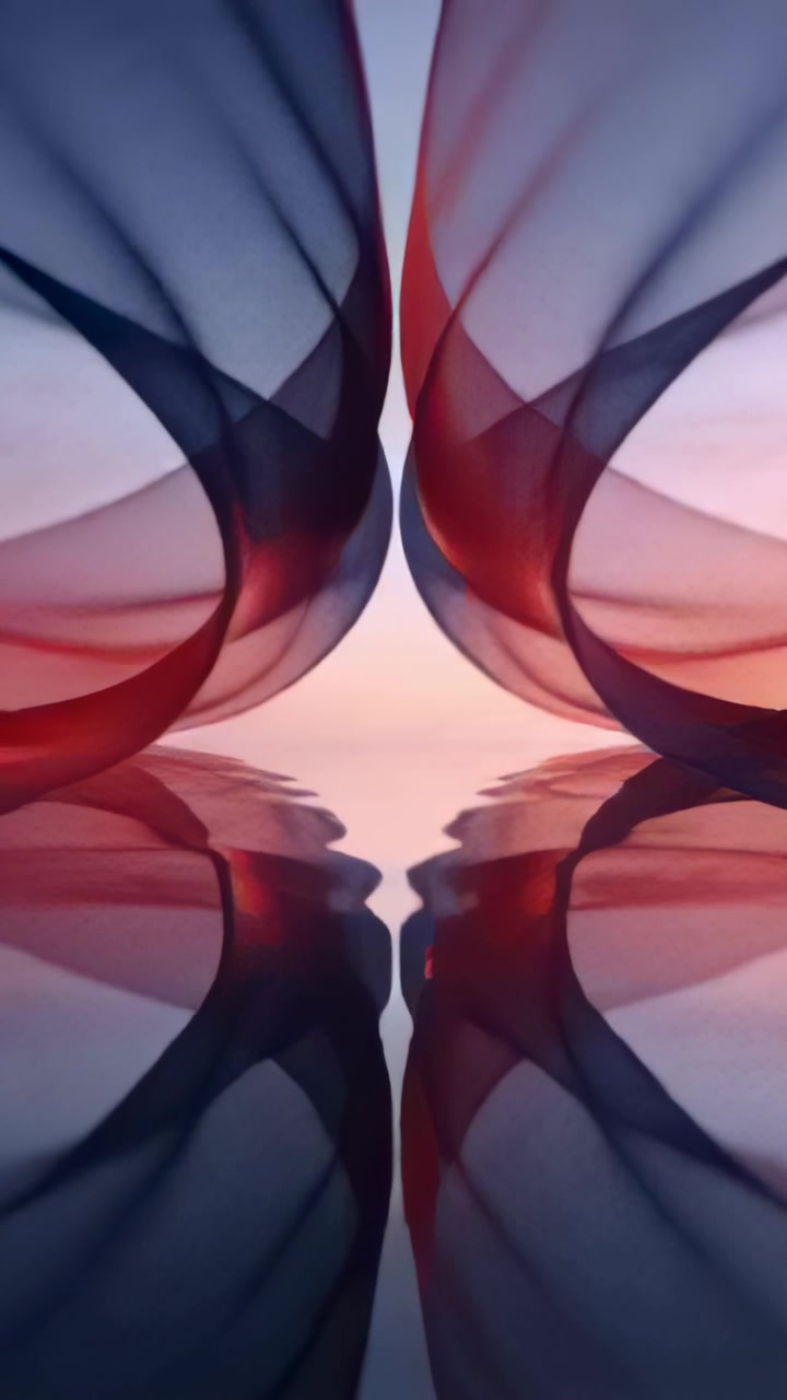 Vertical video: Undulating paired ribbons starting after inward arch in studio, rippling on water