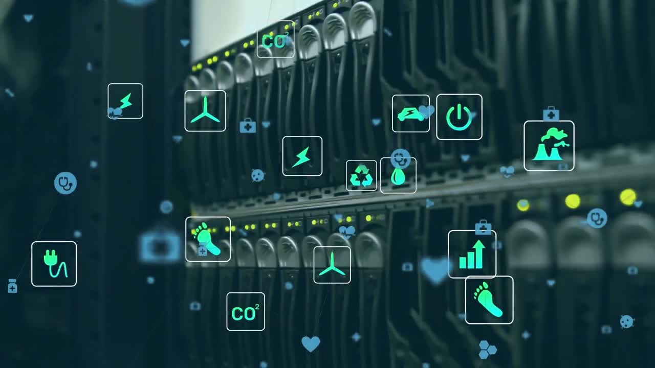 animación de iconos digitales flotando en contra de un primer plano del servidor de la computadora.