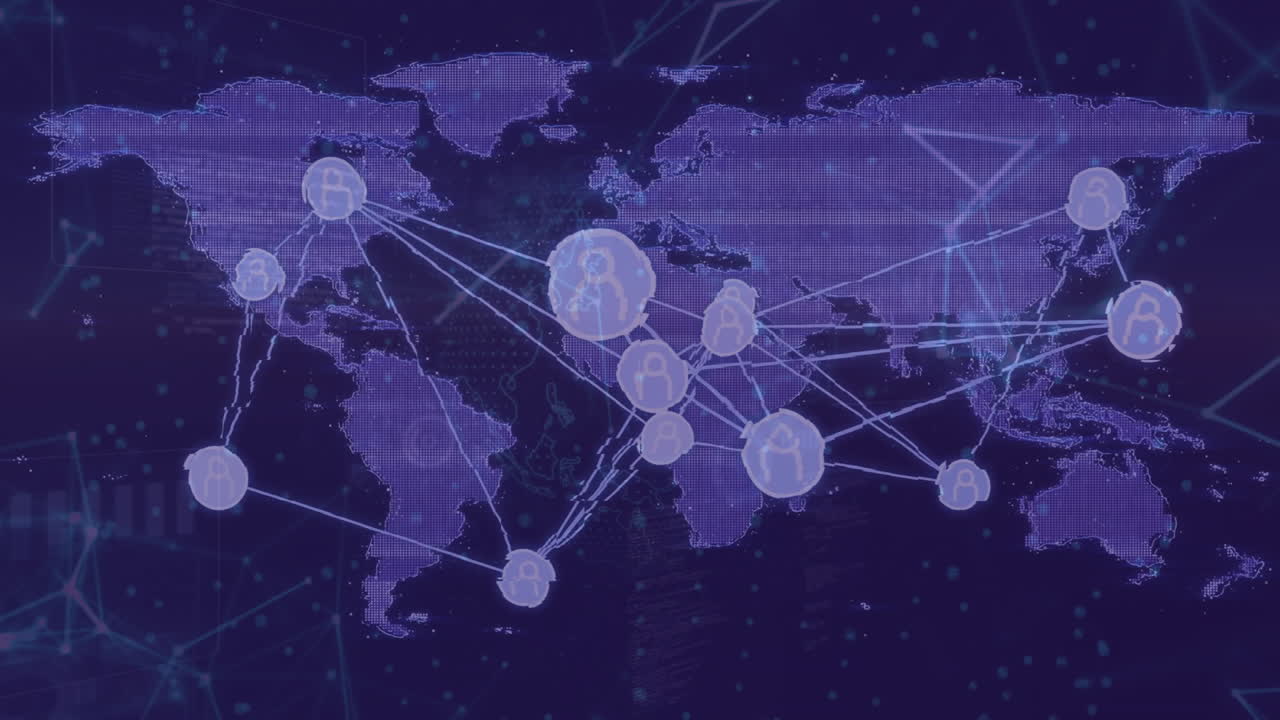 세계 지도 위의 연결 네트워크 및 디지털 사람 아이콘의 애니메이션