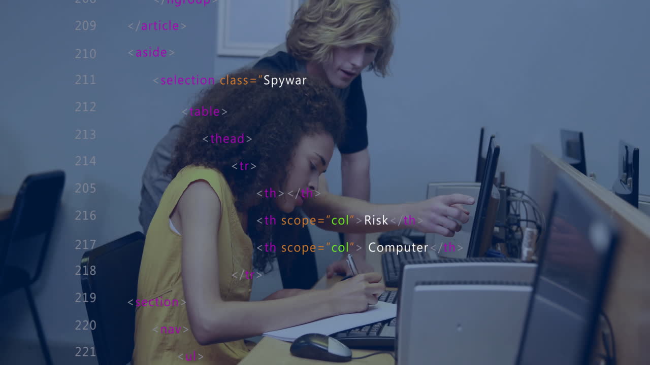 Animation of data processing over diverse male and female student using computer at desk