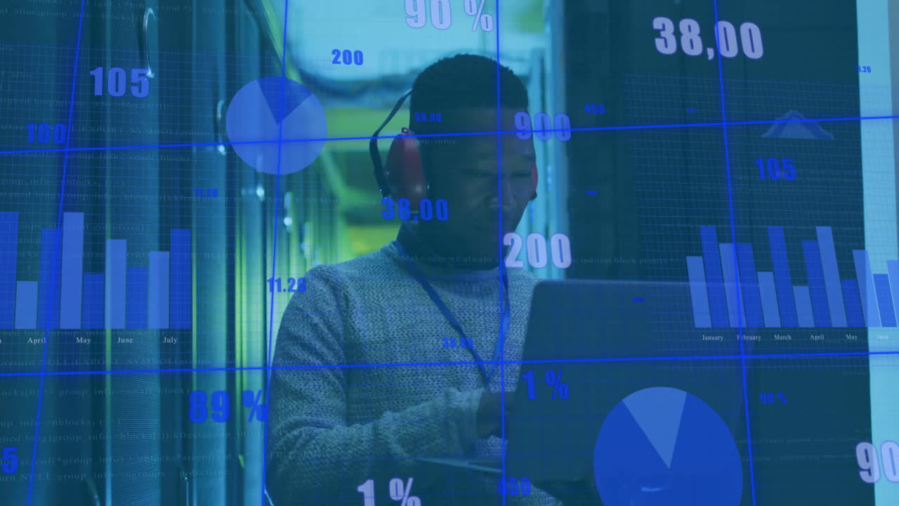 Animation of diagrams and data processing over biracial male worker in server room
