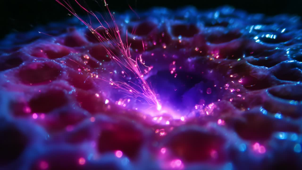 A mesmerizing close-up of an intricate, pulsating structure with vibrant colors and dynamic sparks, showcasing a stunning interplay of light, texture, and energy in a captivating visual experience