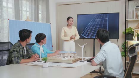 asian woman engineer presenting about the work of solar cell to her colleagues at the office