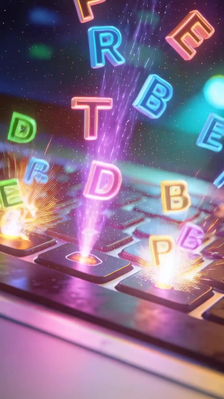 Vertical video: Glowing G and B keys sparking nearby keys casting neon letters above desk in studio