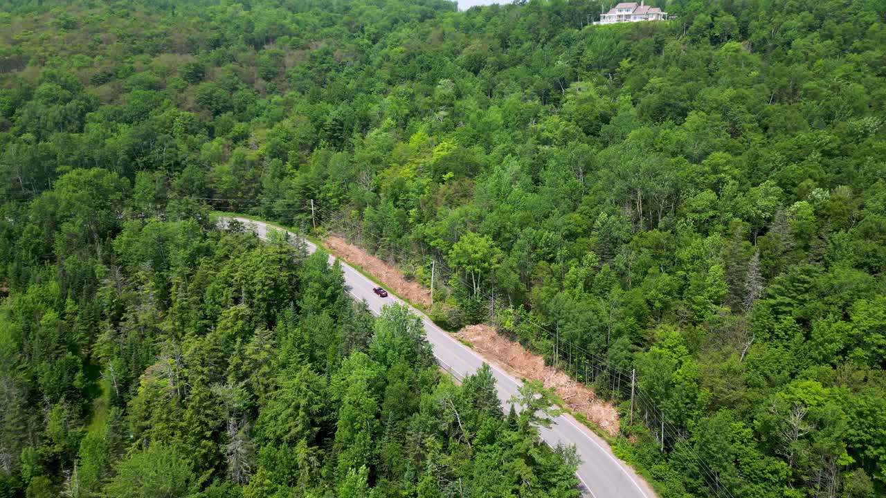 Red convertible sports car driving up winding mountain road cut out from trees