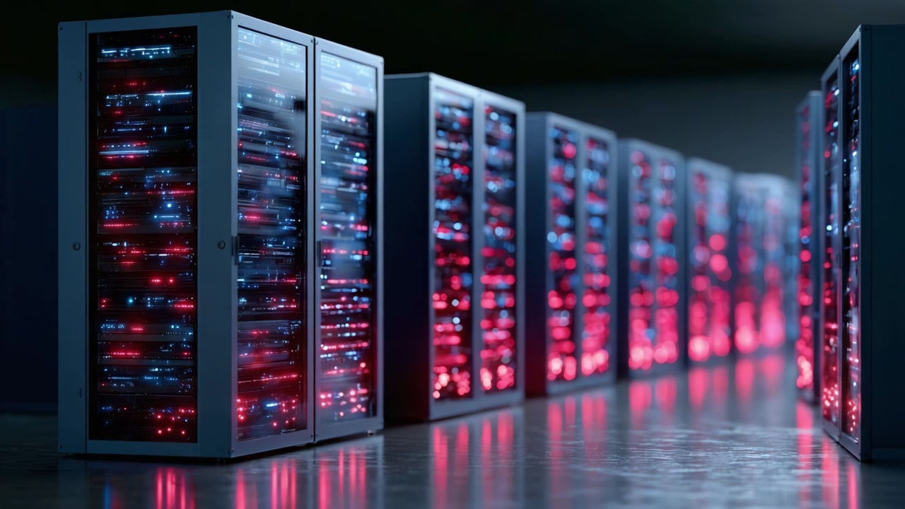 A Visual Exploration of High-Tech Server Racks Illuminated with Vibrant Red and Blue Lights, Showcasing Modern Data Center Technology and Innovation