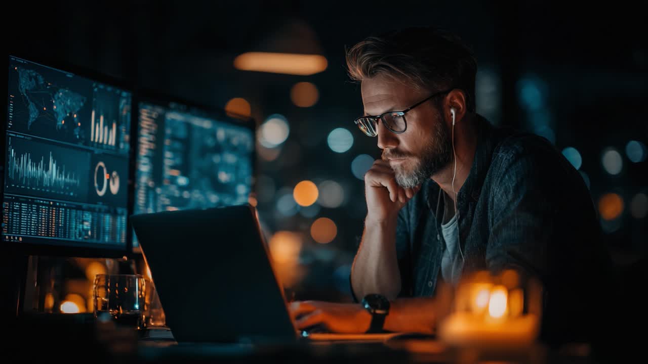 A Focused Professional Analyzing Data on Multiple Screens in a Dimly Lit Office, Surrounded by Soft Ambient Lighting and the Glow of Candles