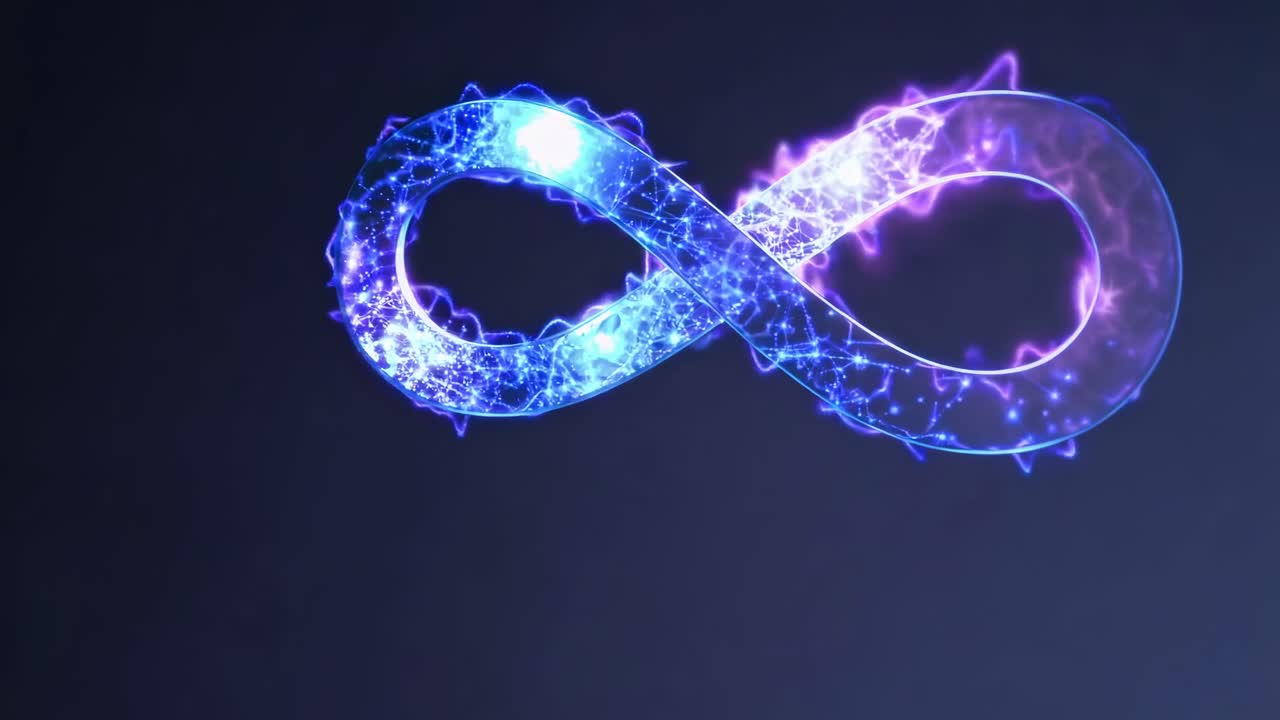 Glowing infinity symbol with electric blue and purple hues on a dark background