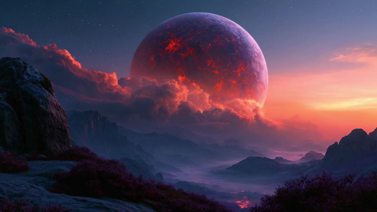 Et fantastisk kosmisk landskap avslører en brennende planet som dominerer horisonten, omgitt av majestetiske fjell og eteriske skyer, som maler en rolig, men dramatisk skumringsscene
