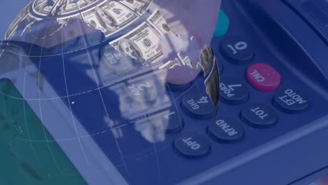 Animation-of-globe-formed-with-american-dollar-bills-over-payment-terminal