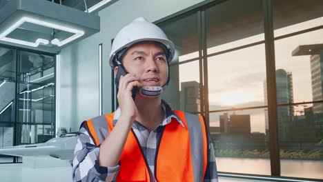 primer plano de un ingeniero asiático con casco de seguridad hablando en su teléfono inteligente mientras está de pie con un proyecto de drones