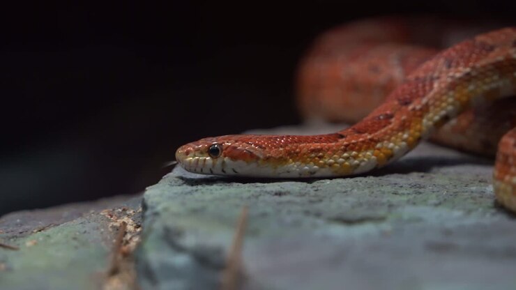 Non-venomous corn snake, pantherophis guttatus hiding between the rocks, flicking tongue, serpentine locomotion, crawling and slithering forward, close up shot