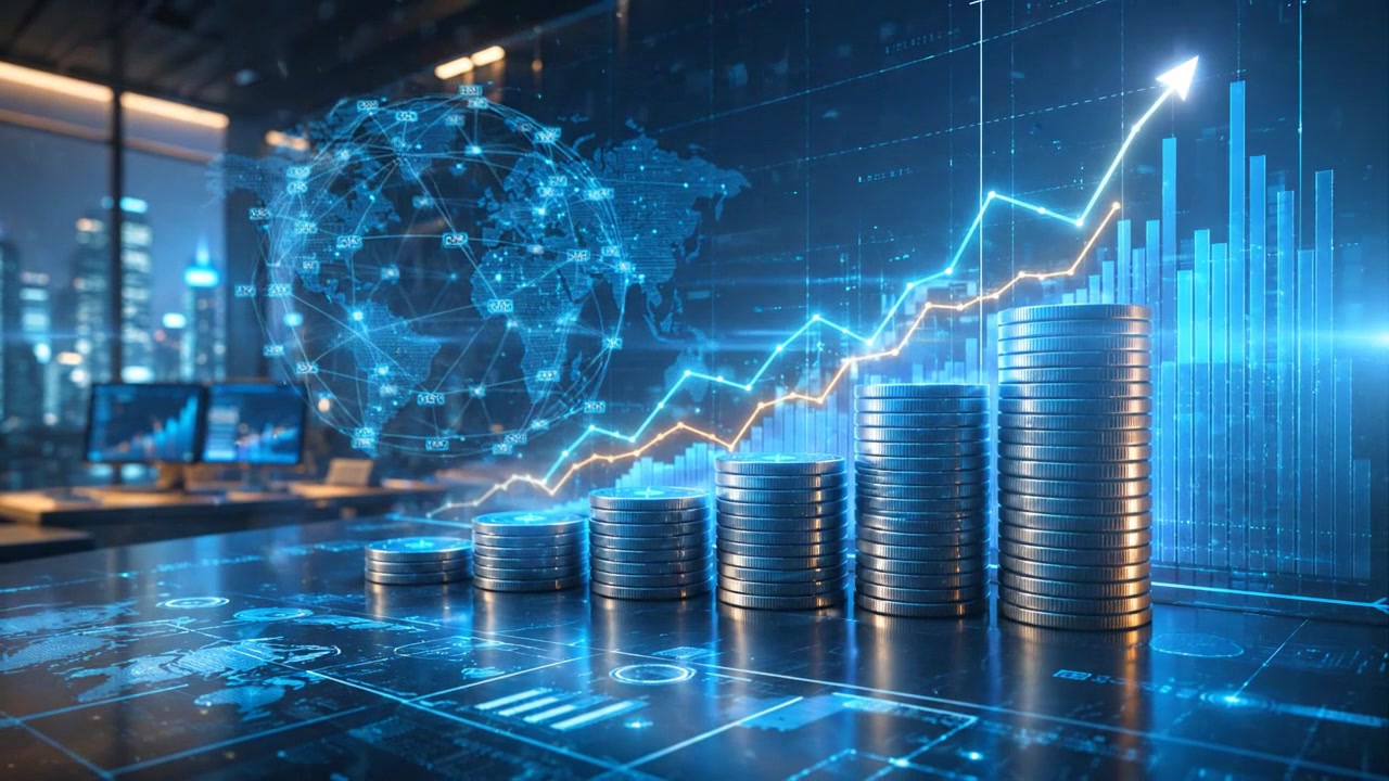 Stakke af mønter med digitale finansielle vækstdiagrammer og globalt netværk