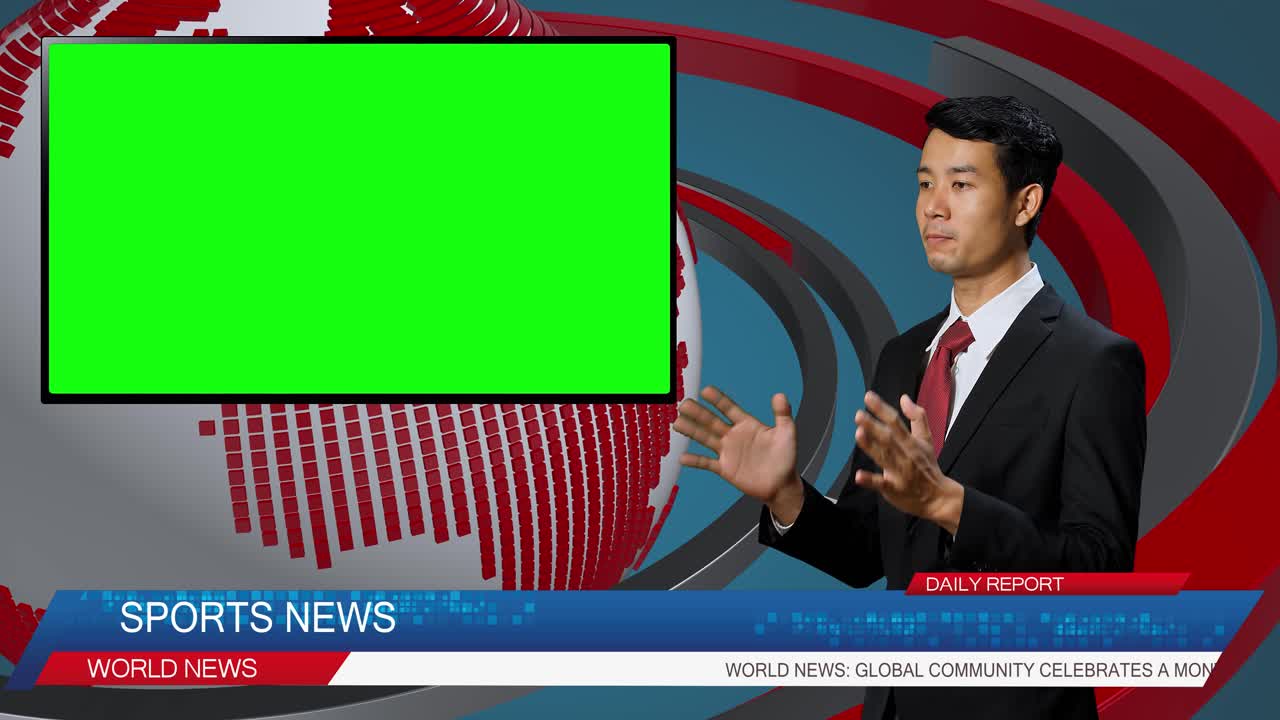 Live News Studio With Male Anchor Reporting On The Sport, Video Story Show Green Chroma Key Screen Placeholder Copy Space.Television Newsroom Channel With Professional Presenter