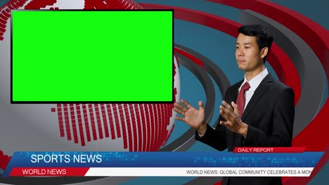 live news studio with male anchor reporting on the sport, video story show green chroma key screen placeholder copy space.television newsroom channel with professional presenter
