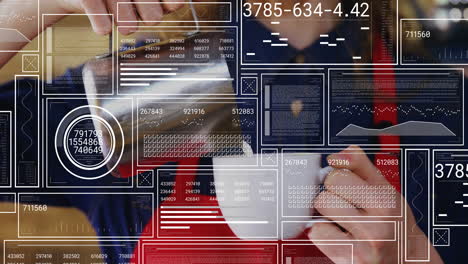 barista pouring coffee on wooden counter, digital technology overlay displaying analytics charts