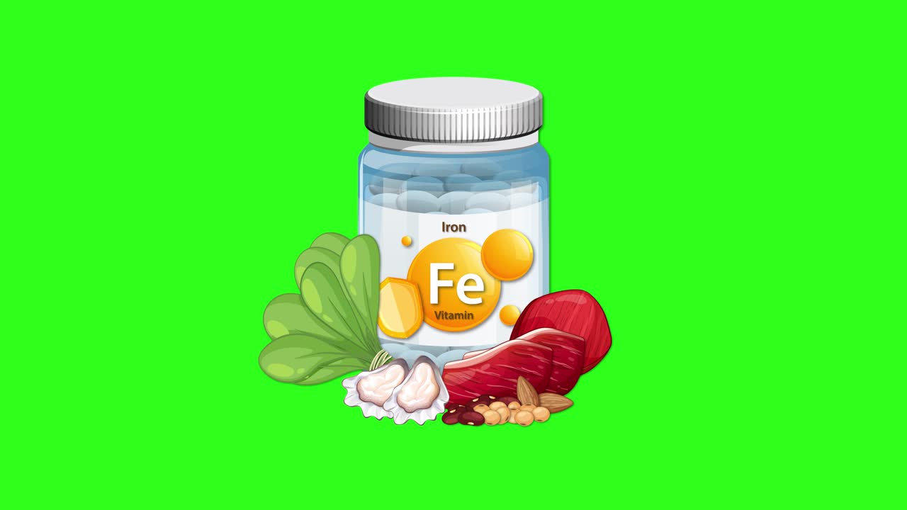 Iron supplement bottle with spinach, beetroot, garlic, and nuts smoothly appears on vibrant green background