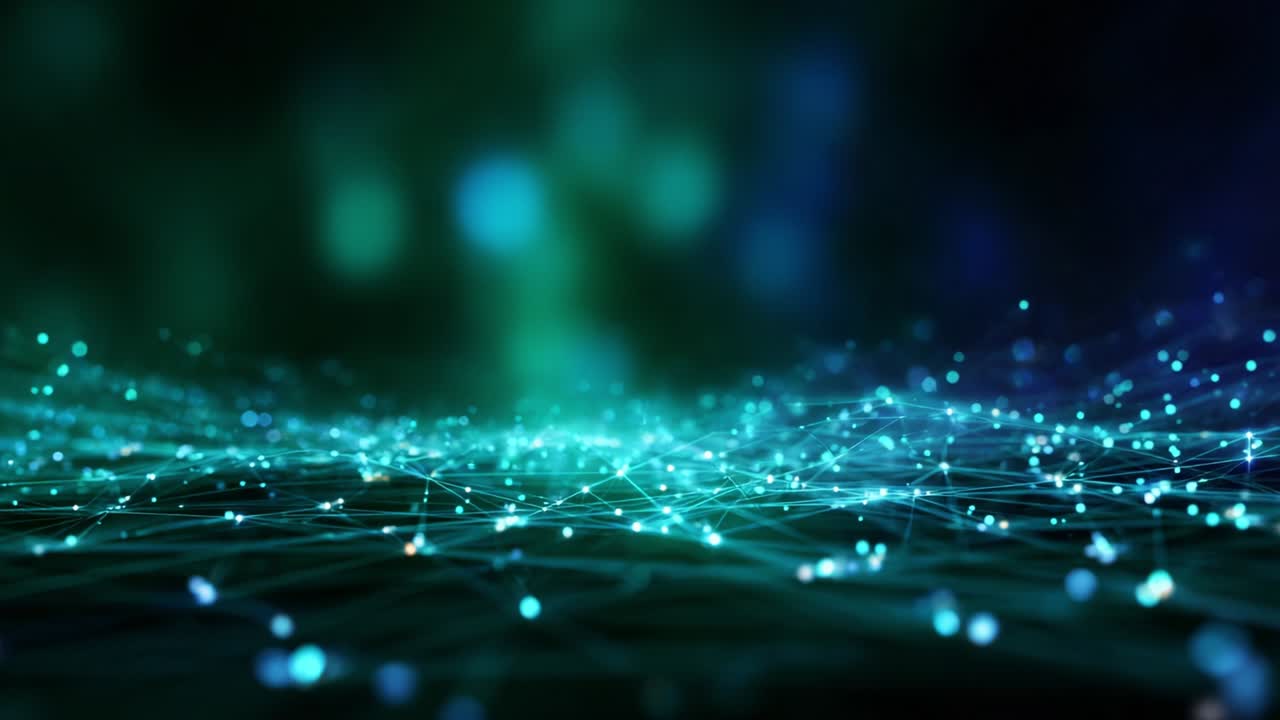 A Stunning Close-Up of an Abstract Digital Network with Interconnected Nodes and Glowing Points, Creating a Sense of Depth and Infinite Movement, Perfect for Illustrating Modern Technology and Data Flow