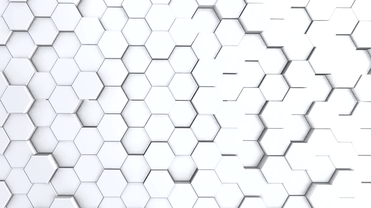 Abstract hexagon geometry background, white hexagonal pattern randomly waving, animation 3D rendering
