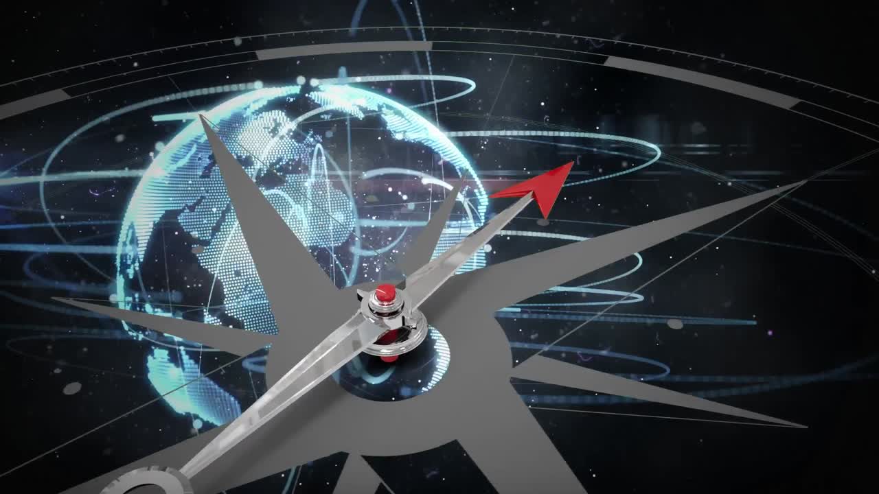 brújula y globo digital giratorio contra el cielo estrellado