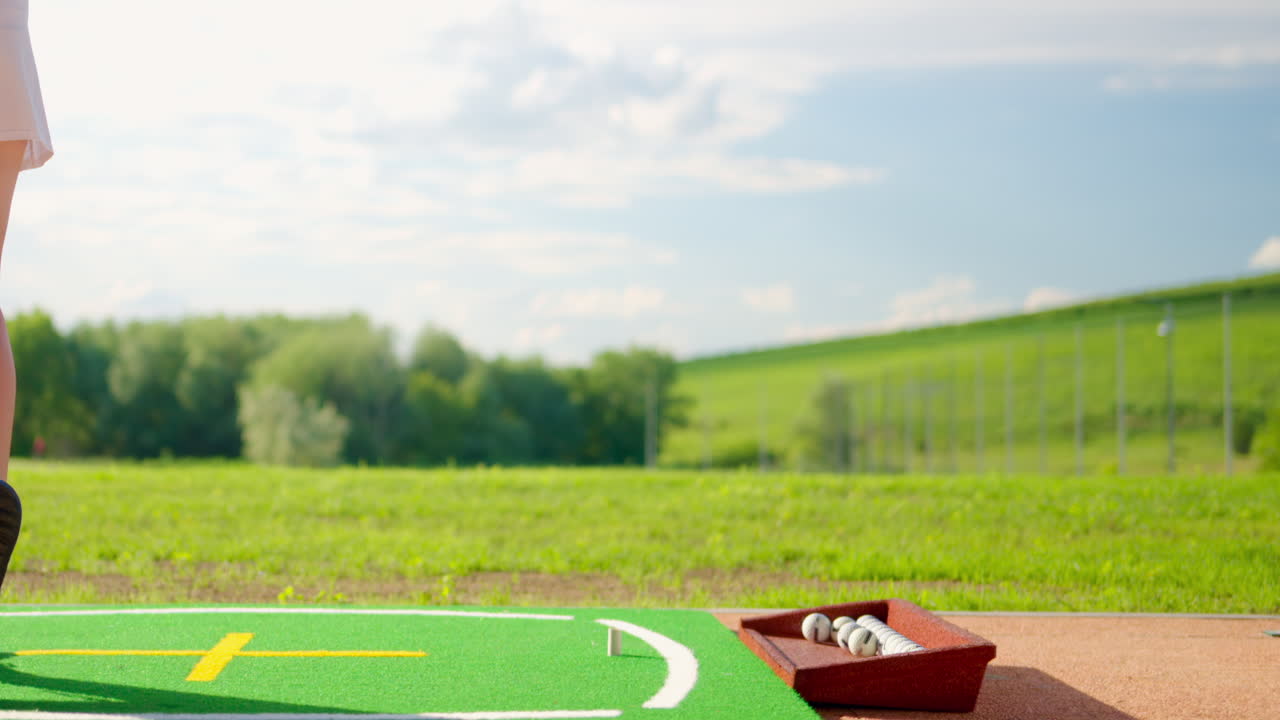 Woman in white skirt playing golf on a grass field on a sunny day