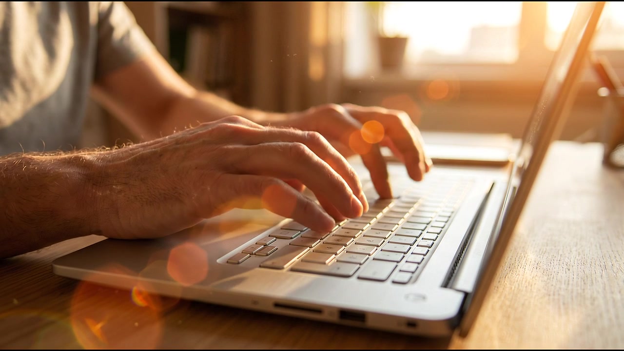 Close-up van handen die typen op een laptoptoetsenbord met warme zonnereflexies en geringe scherptediepte