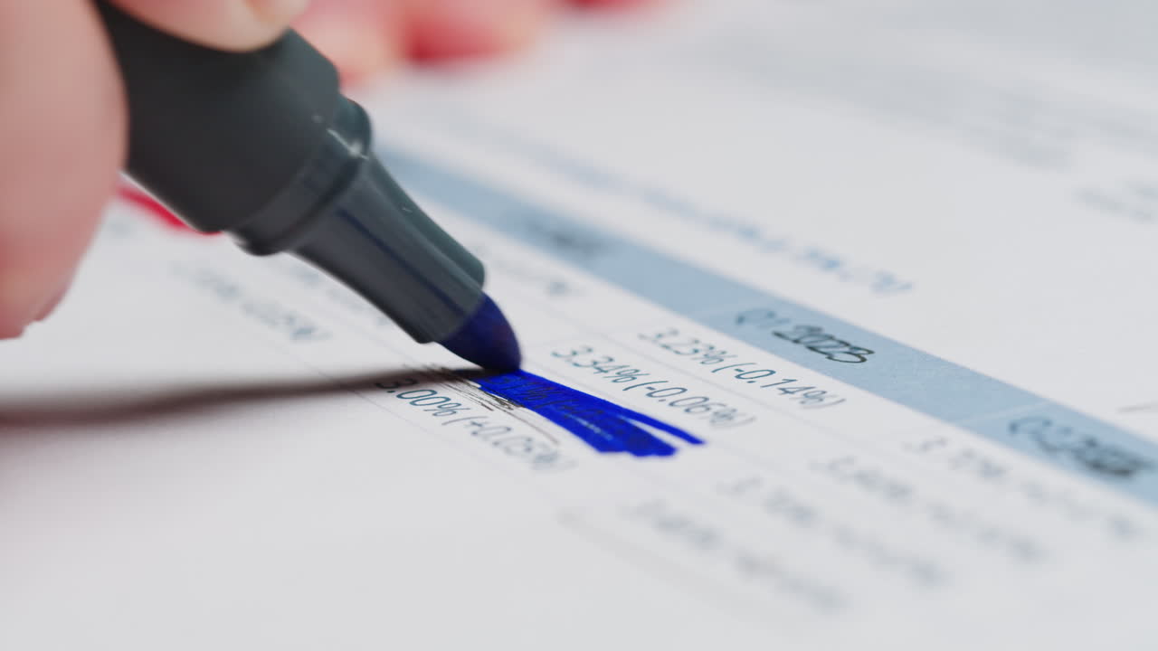 Hand Highlighting Data on a Financial Document with a Blue Marker