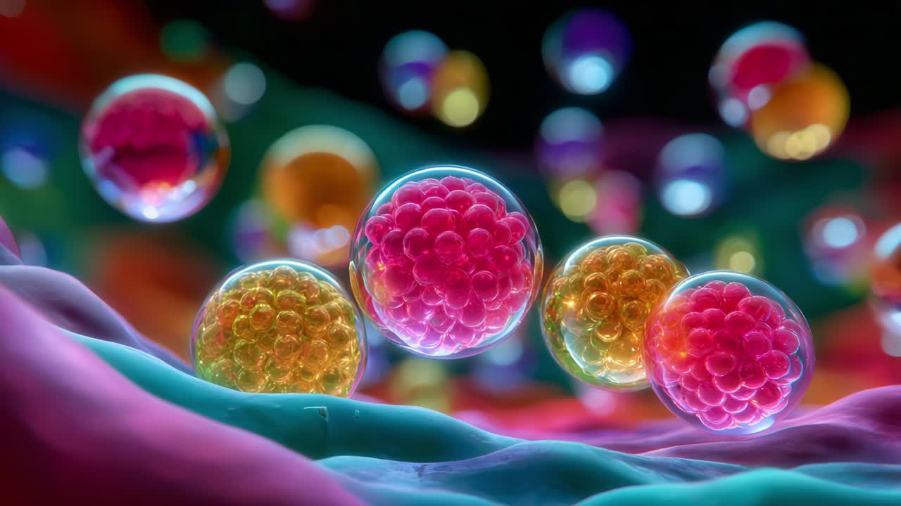 Exploring the Microcosm: Vibrant Spheres in a Hypothetical Microscopic Environment Showcasing the Beauty of Cellular Life and Its Colorful Interactions Beneath a Futuristic Lens