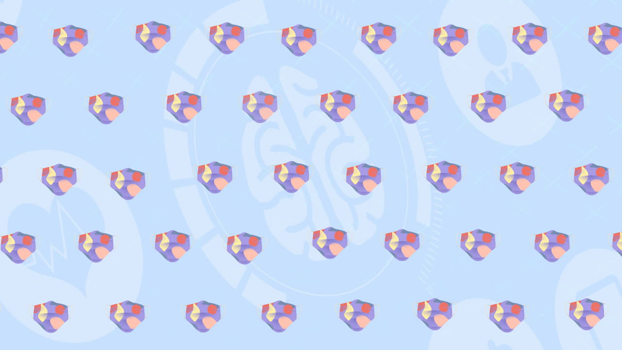 파란색 배경 위에 다채로운 얼굴 마스크 아이콘의 애니메이션