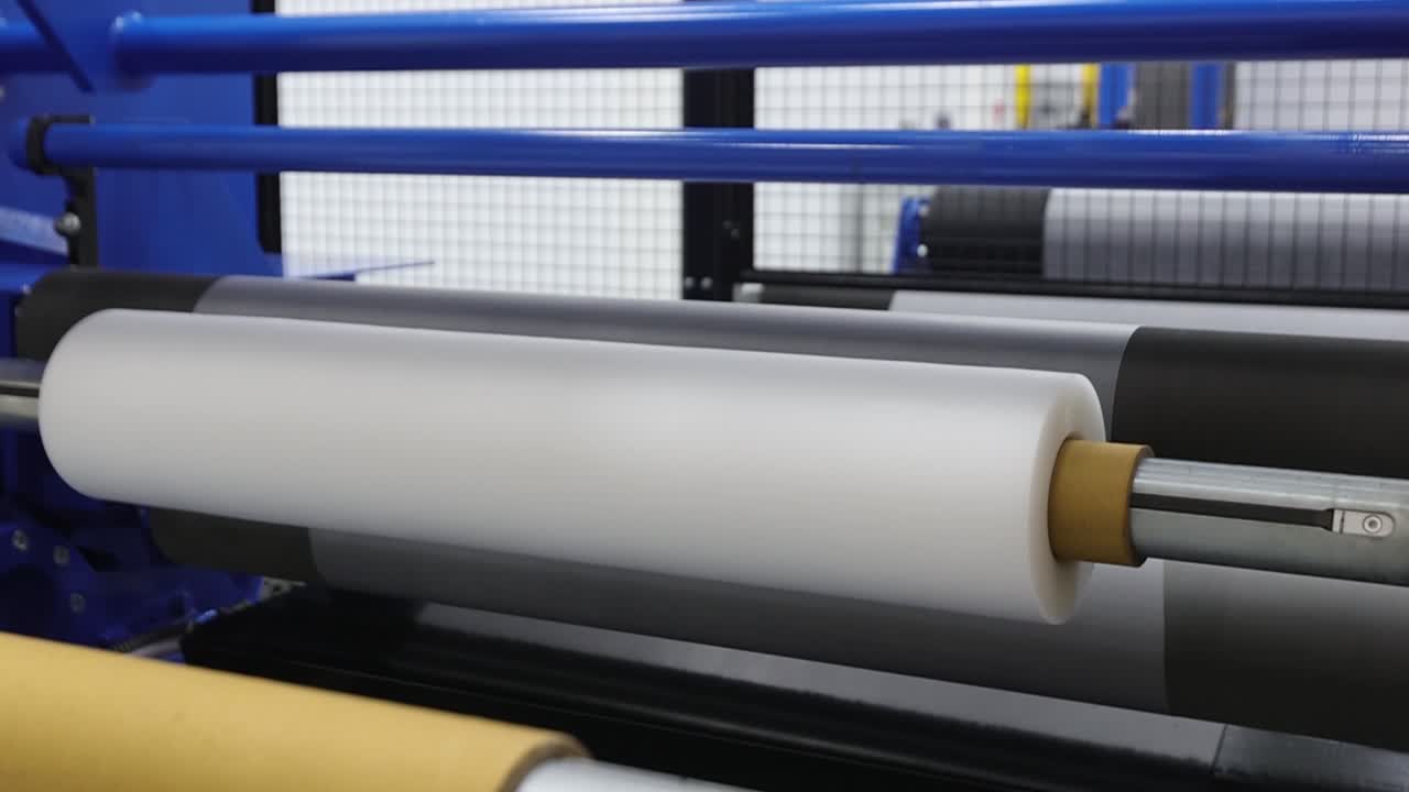 Cinematic view of rewinding EVA plastic film at machine