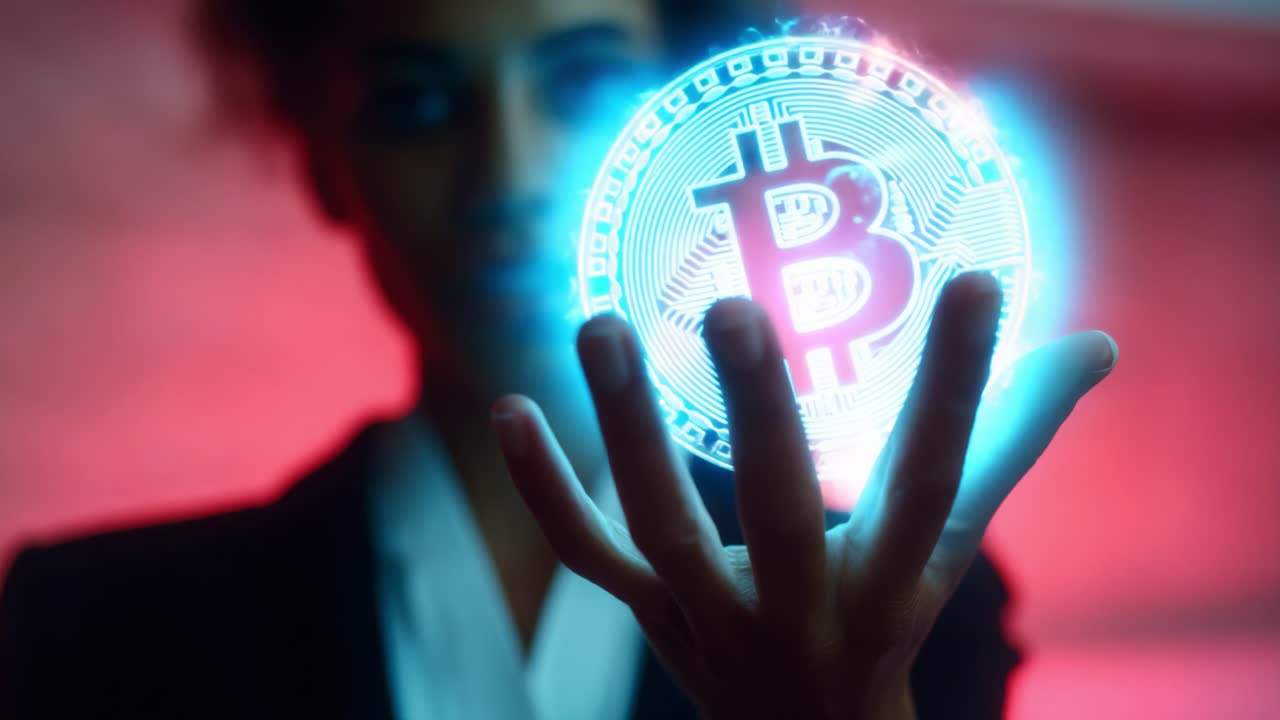 Illuminating the Future of Finance: A Mysterious Figure Holding a Glowing Bitcoin Symbol Amidst a Futuristic Background, Representing Cryptocurrency's Rise and Impact in Modern Economy