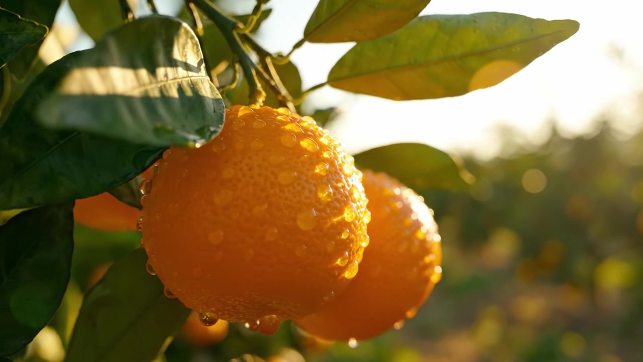 Una gloriosa scena di frutteto all'ora d'oro: rigogliosi alberi di agrumi pesantemente carichi di arance mature e succose attendono la raccolta sotto la calda e splendente luce del sole.