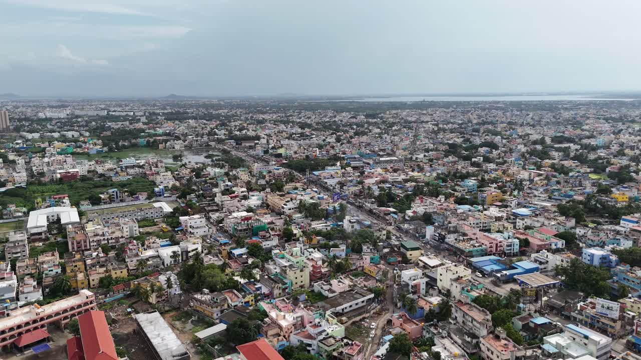 Aerial video of Chennai city's western suburbs of Chennai, including neighborhoods like Iyyappanthangal, Kumananchavadi, and Karayanchavadi