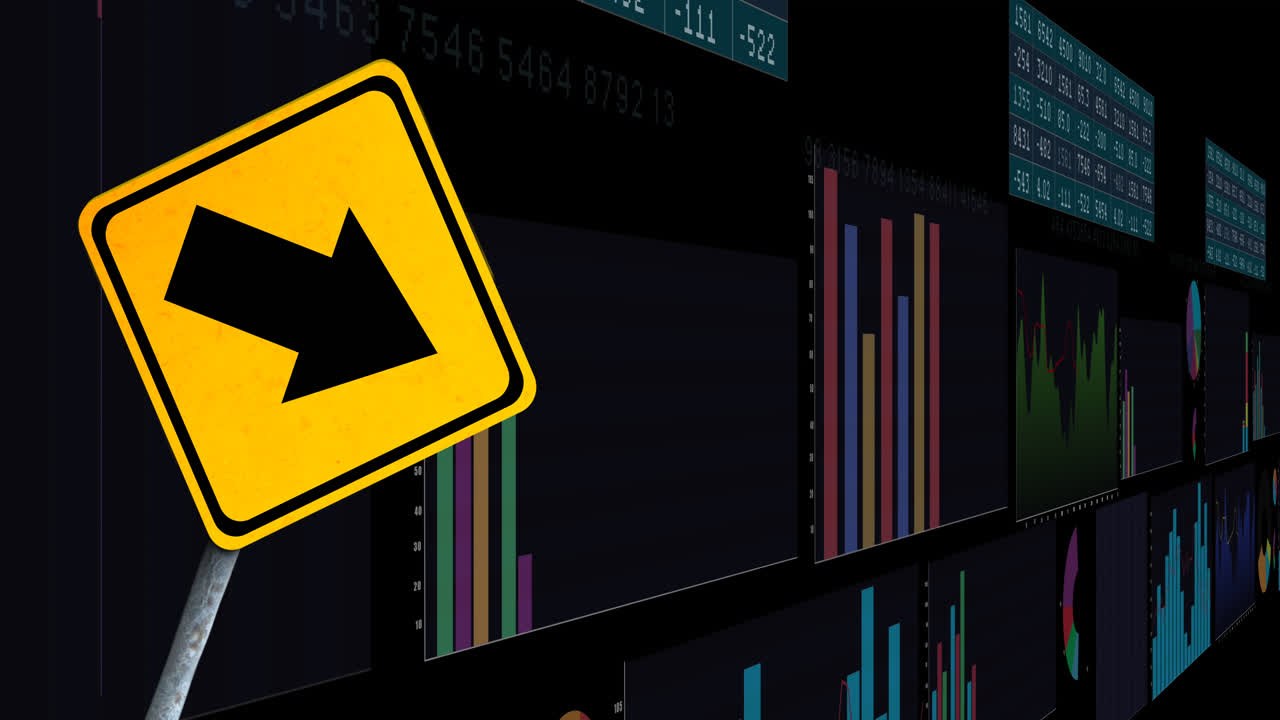 animación del procesamiento de datos financieros y señal de tráfico sobre fondo negro