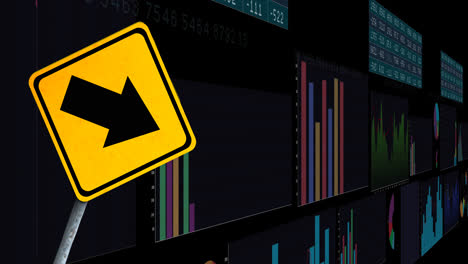 Animation-Der-Finanzdatenverarbeitung-Und-Des-Straßenschildes-Auf-Schwarzem-Hintergrund