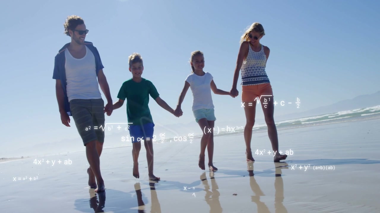 Family of four walking left entering frame, initiating math wireframe over wet sand for education