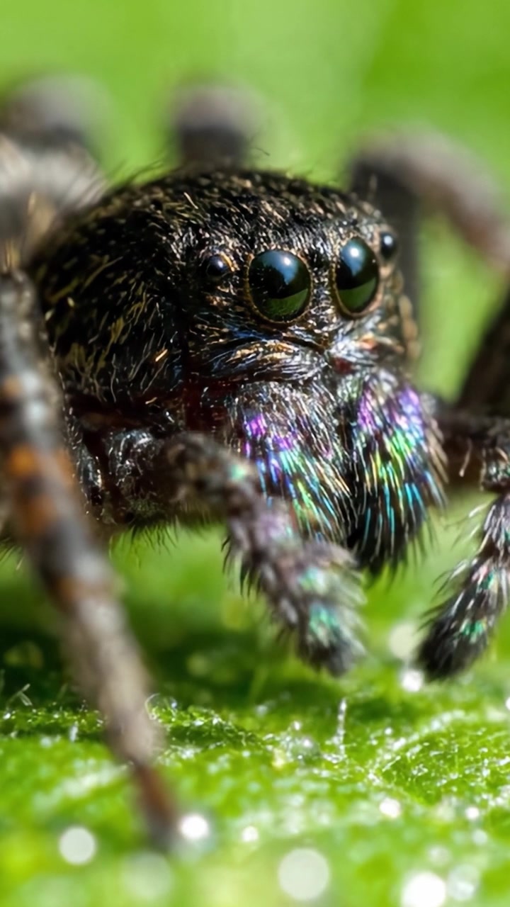 Esplorazione ravvicinata di un ragno saltatore colorato, che mostra i suoi dettagli intricati e le sue caratteristiche iridescenti su uno sfondo verde in natura.
