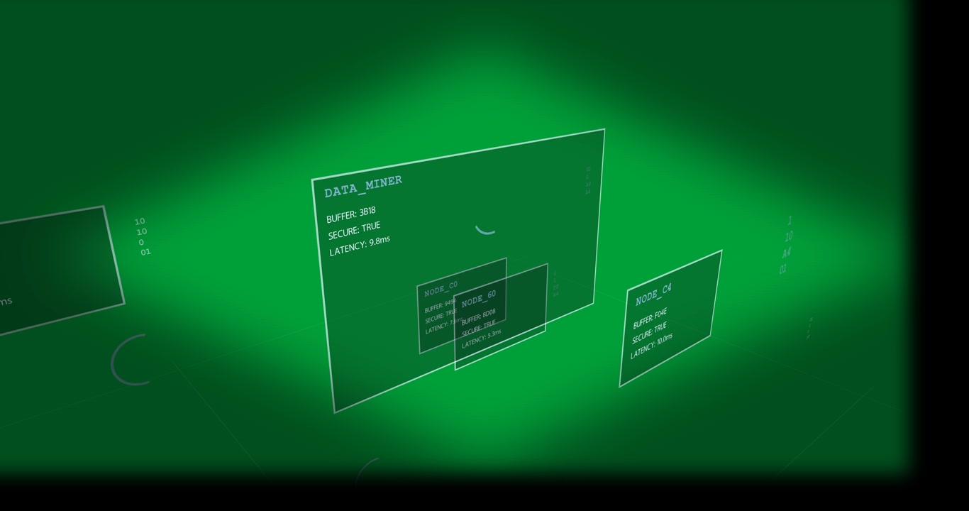 Camera orbiting, DATA_MINER expanding, NODE_60 sliding, revealing runtime metrics on transparent BG