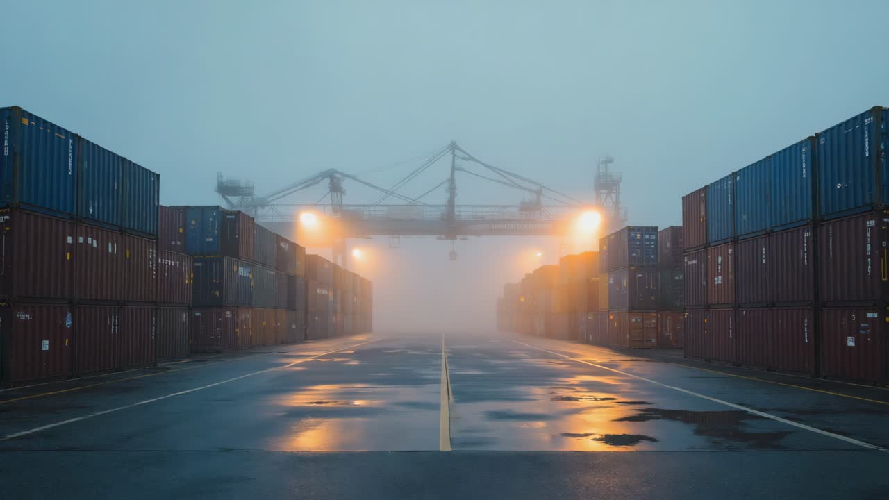 Shipping Containers in Fog at a Cargo Terminal