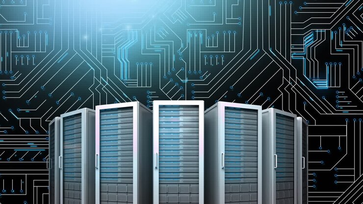 Torri di computer mainframe e scheda di circuito blu luminosa
