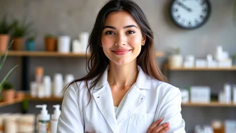 a woman in a white lab coat standing in front of a counter with her arms crossed