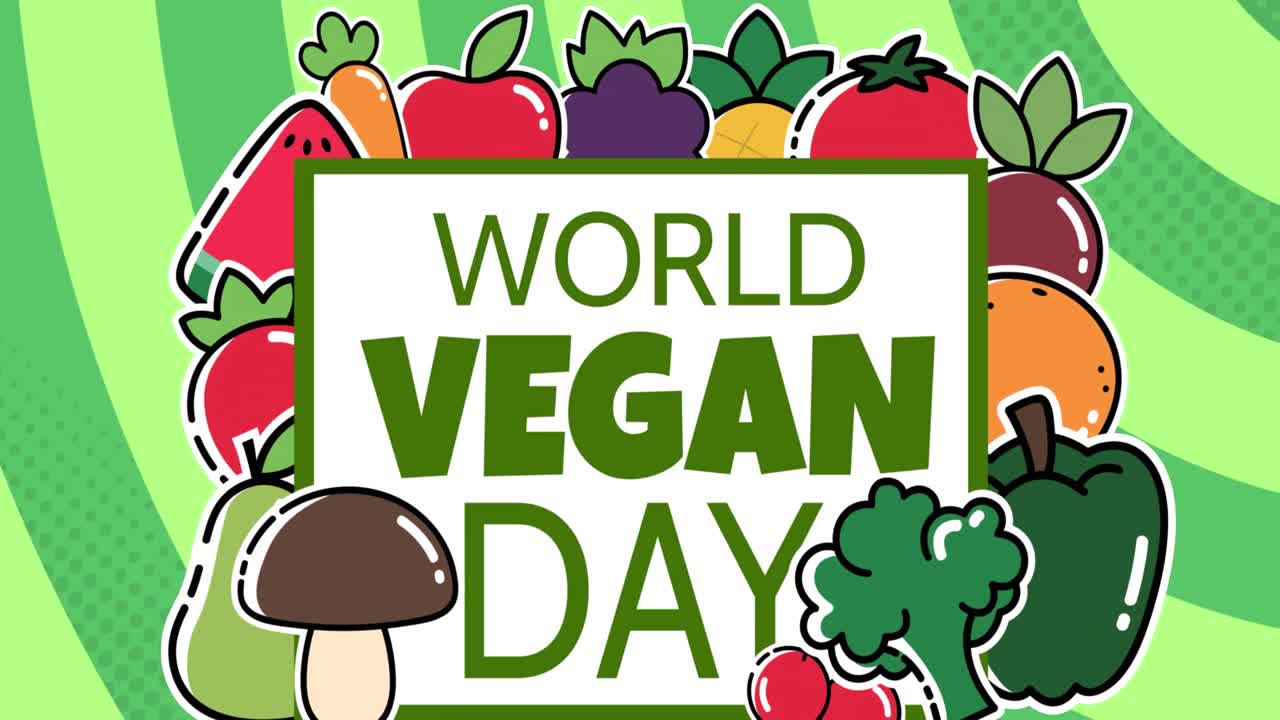 Tekstbanner 'Wereld Veganisme Dag' met meerdere groente-iconen tegen een groene spiraalvormige achtergrond