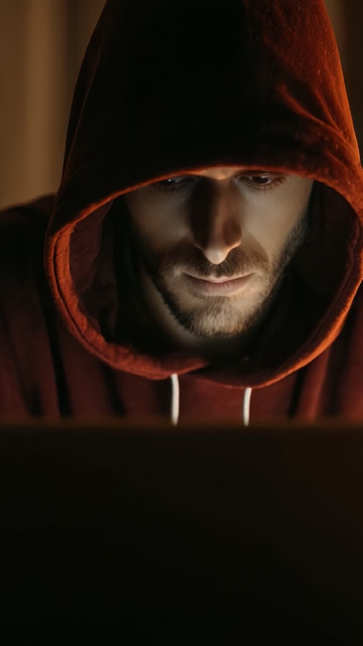 Intensa concentrazione: un uomo con felpa con cappuccio assorto nello schermo del suo laptop, che illumina il suo viso con un bagliore misterioso in un ambiente poco illuminato.