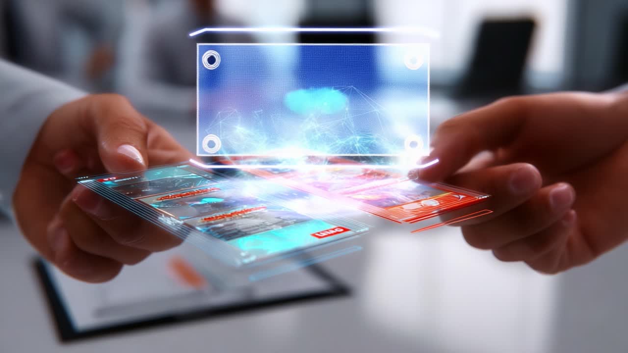 To personer udveksler futuristiske, holografiske kort, der viser teknologi og innovation, mens de interagerer med digitale data og avancerede kommunikationsenheder i et moderne arbejdsområde
