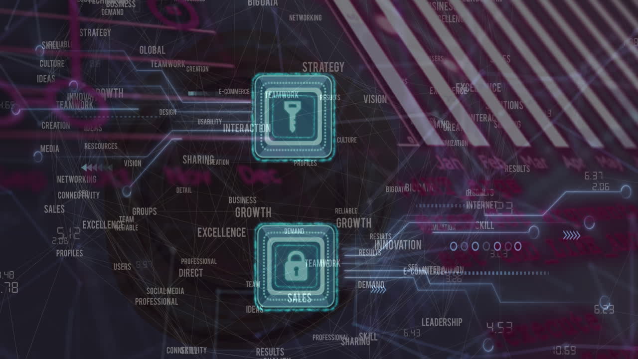animación de iconos de candados y llaves sobre el procesamiento de datos y la placa base de la computadora y los servidores.