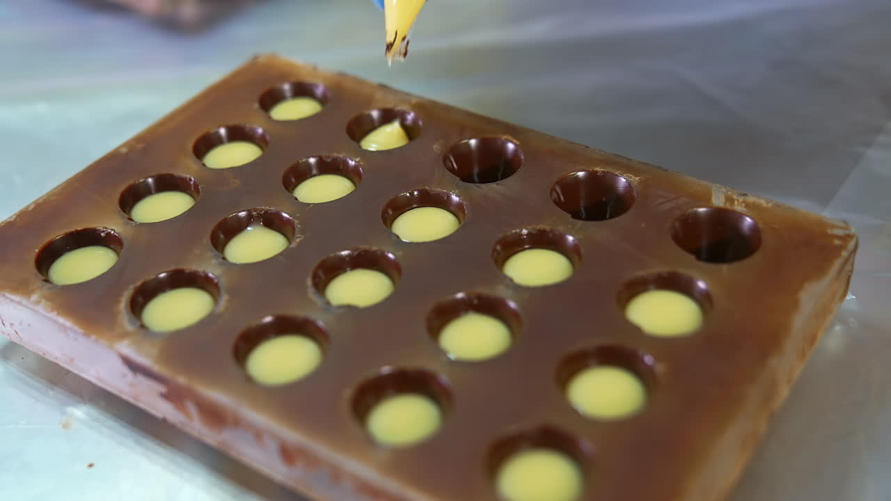 Hand in gloves squeezes white creamy filling from a pastry bag into the molds. Handmade manufacturing of chocolate sweets.